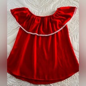 April - Red ruffles blouse with white appliqués. One size (women's size M)
